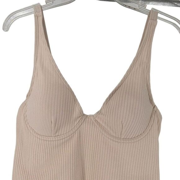 Ribbed Swimsuit One Piece Cream Size L Plunge V Neck High Cut Cheeky Swim Shein - Picture 2 of 7